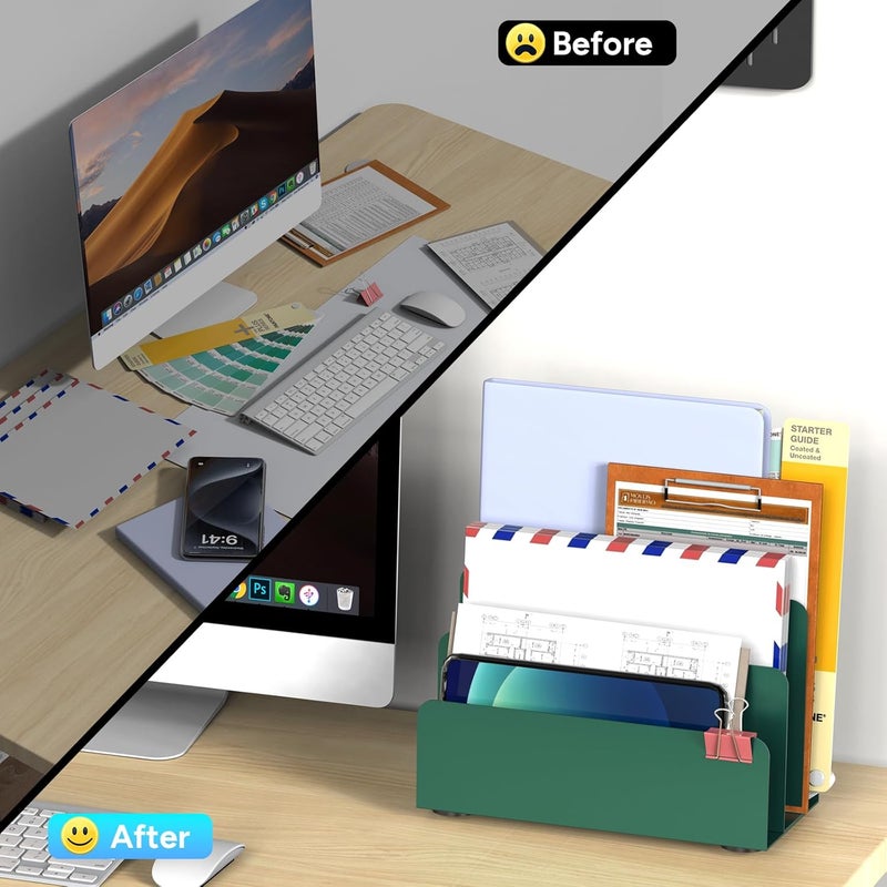 OUTIOE Mail Organizer Countertop, Small Desk File Organizer, Metal File Holder - Essential Workspace Organizers for Office Desk, Home Office (Green) - Image 2